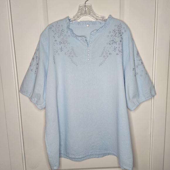 Light Blue Embroidered Boho Peasant Blouse XL Cottagecore Floral Top - Picture 2 of 7
